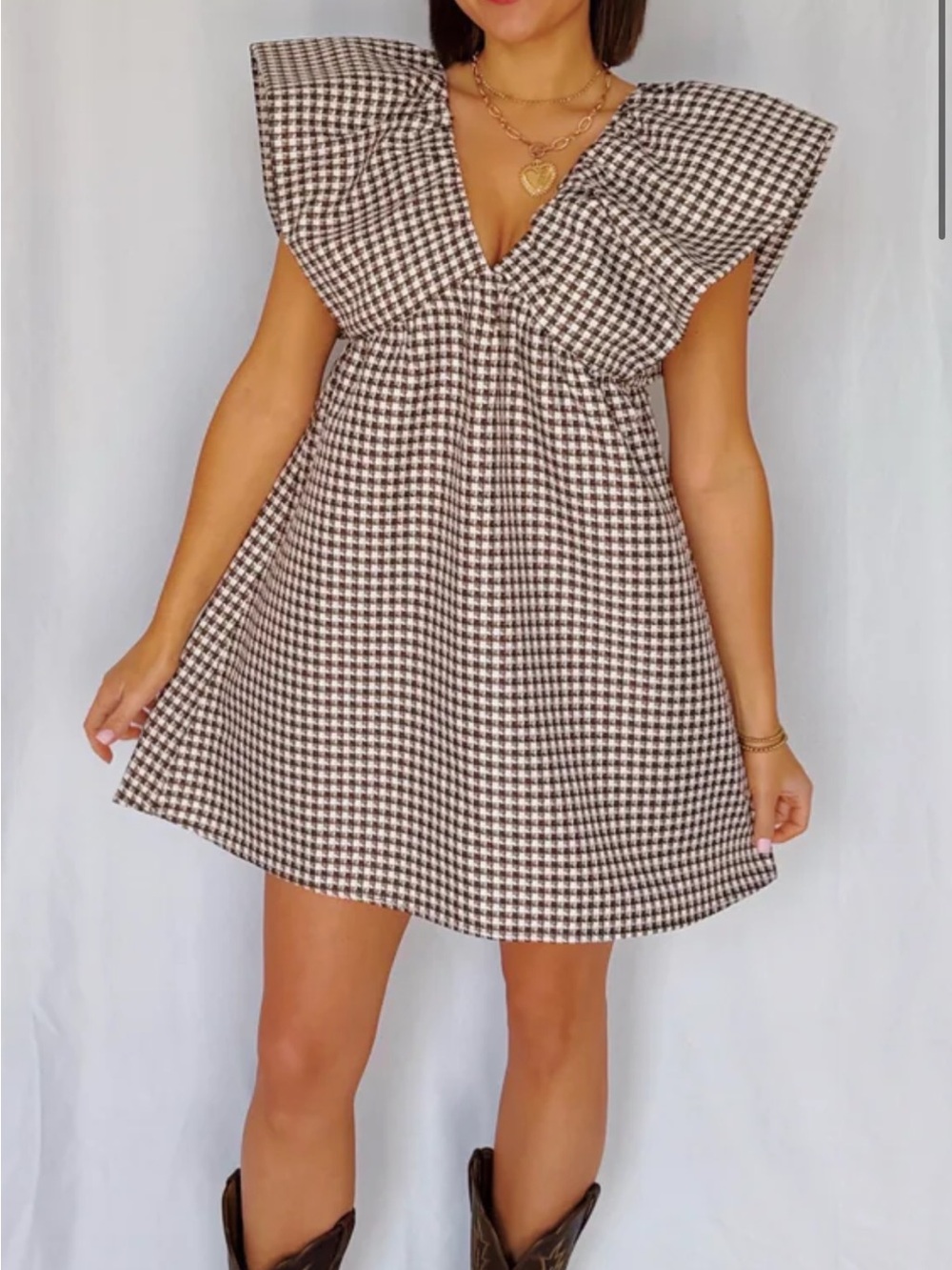 Gingham V-Neck Mini Dress with Flutter Shoulders - Brown & White